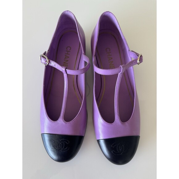 Chanel CC T-Strap Leather Purple Black Mary Janes Flats EU 38.5 US 8.5 Shoes - Picture 1 of 11